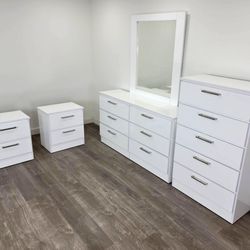 Glossy Dresser Whit Mirror, Chest And 2 Nightstands 