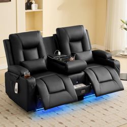 Power Loveseat Recliner Sofa with Flipped Backrest Console, Wall Hugger RV Reclining Loveseat Sofa Couch with LED Light/Bluetooth Speakers/USB/Outlets