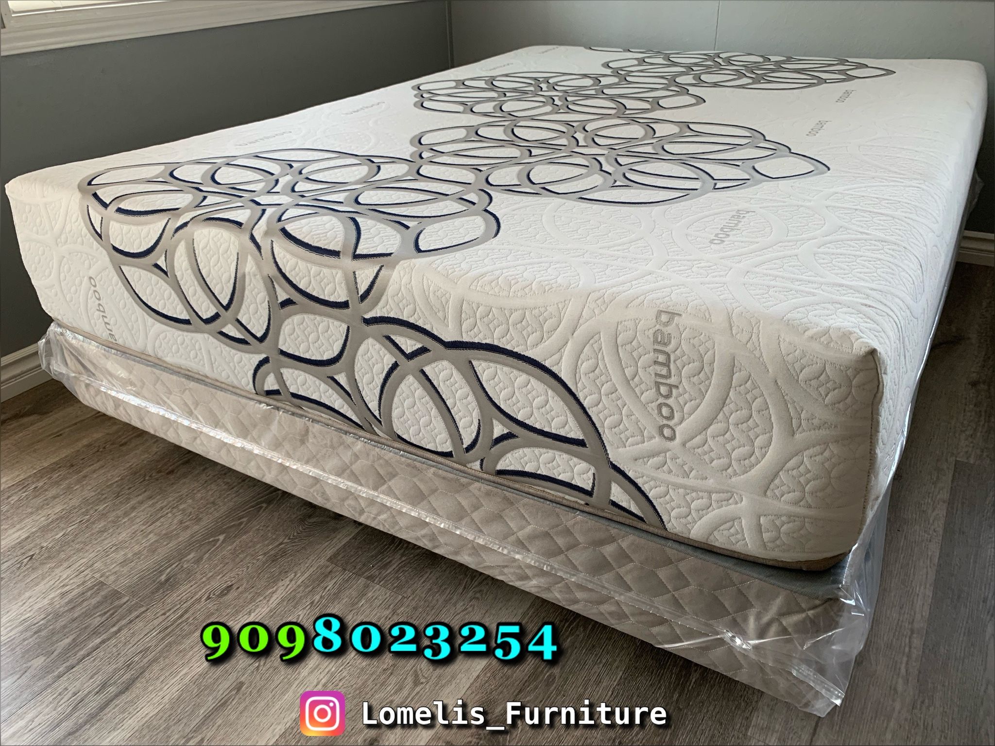 Queen Size Sky Comfort Bamboo Hybrid Cooling Gel Memory Foam Mattress and Boxspring