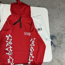 AMIRI Red Graphic Logo Pullover Hoodie Hollywood CA Cotton Knit Size L