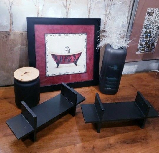 Bathroom Decor! Beautiful Bath Tub Wall Art (14×14), 2 Black Floating Shelves, Decorative Vase & Black Jar With Lid!