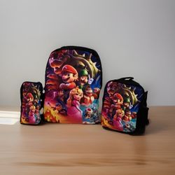 3 Piece Super Mario School Backpack Lunch Box Set Tote Bag Pencil Case