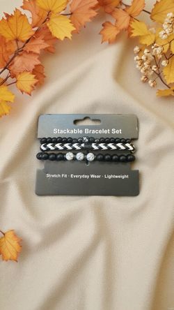 Black Stackable Beaded Bracelet Set Faux Leather Stretch No Clasp Round Beads