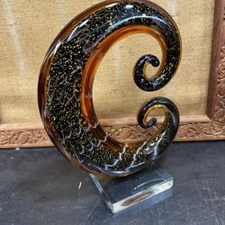 Murano C Shaped Glass Gold Brown Hand Blown Sculpture Chips To Base Italian 