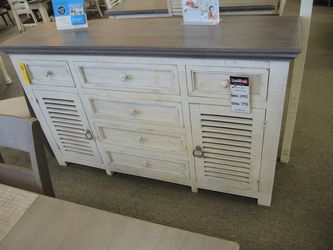 Perennial Home Sage 6 Drawer 2 Door Buffet - Distressed Whitewash With Gray-Brown Plank Top | Sideboard | Credenza
