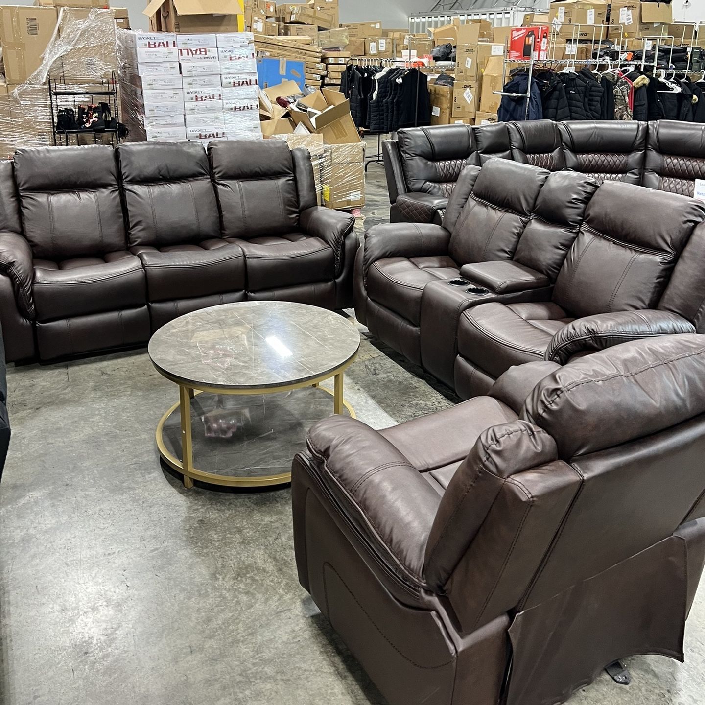 Brown Leather Recliner 3 Pcs Sofa Set 