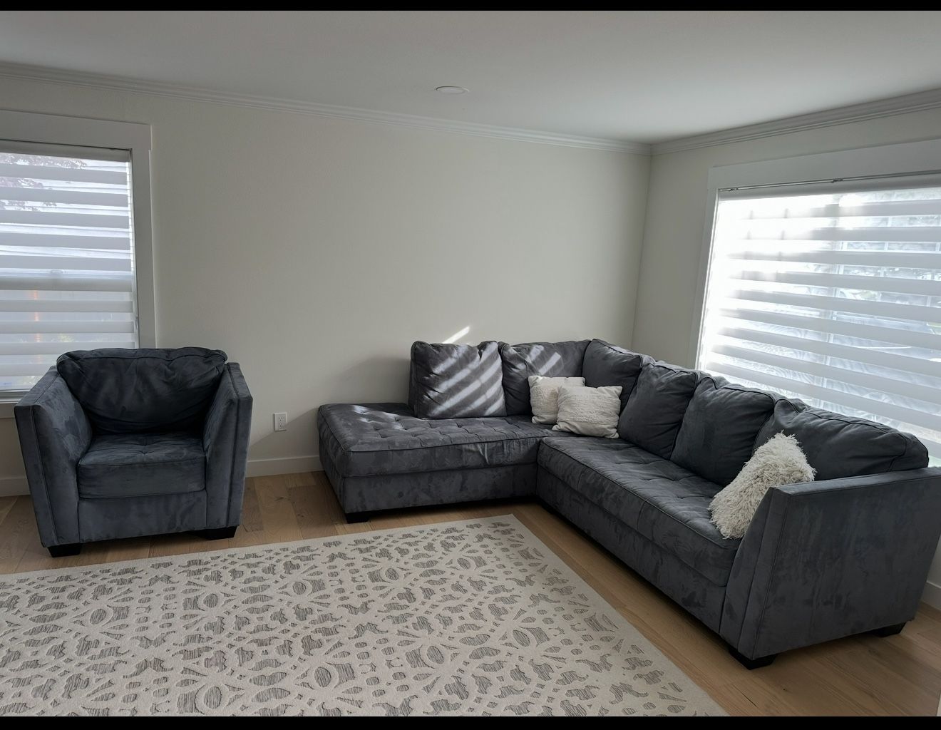 Blue sectional sofa and armchair