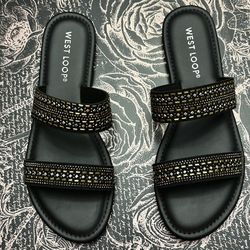 West Loop Black Flat Sandals with Gold Detailing