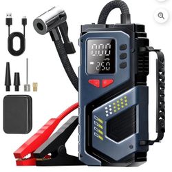 Portable Jump Starter with Air Compressor, 6000mAh 12V Car Battery Jumper for 4.0L Gas/2.5L Diesel, Smart Clamp, LED Display, SOS Flashlight with Stor