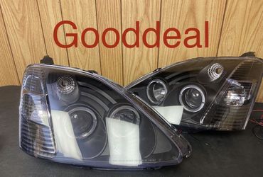 #OH19 2002-2003 Honda Civic Si Hatchback 3DR Models Only Black Halo LED Headlight Pair Lights Lamp