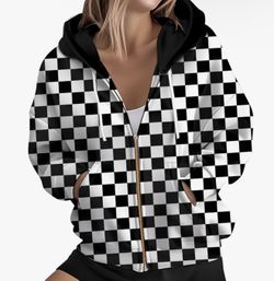 New Checkered Zip Up Sweater
