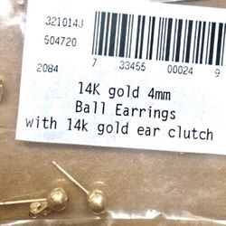 NEW 14k Gold Ball Earrings w/14k Gold Ear Clutch 4mm