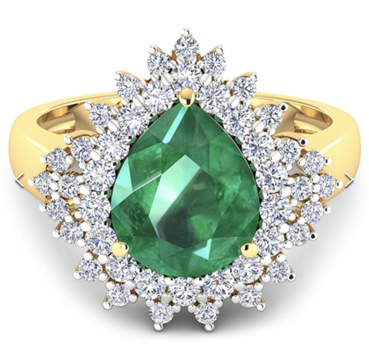 Gorgeous 14K Yellow Gold 2.51CT Pear Cut Zambian Emerald and White Diamond Ring
