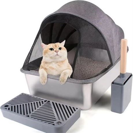 Opulent Feline Oasis: Luxurious Fabric-Enclosed Stainless Steel Litter Box, XL, Anti-Splashing, Anti-Odor, Leak-Proof. Elegant Design, Effortless Clea
