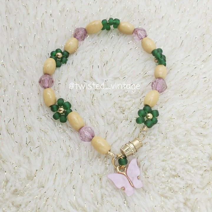 Woodland Fairy Butterfly Wings Daisy Flowers Beaded Bracelet Handmade Jewelry