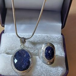 Beautiful Sterling Silver Midnight Sky Pendant Necklace And Matching Ring Set
