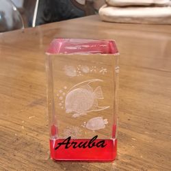 Crystal Glass Keepsake 3D Etched Paperweight Aruba W/Fish Etched Gorgeous Pinkinsh Red Bottom