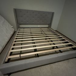 Gray Upholstered Bed Frame w/ Tufted Headboard (King)