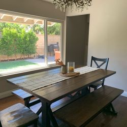 Farmhouse Dining Table~ Solid Wood +Bench + 2 Chairs 