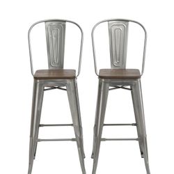 30" Clear Metal Antique Counter height Bar Stool Chair High Back Wood seat Set of 2
