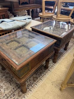 Carved Wood and Glass Top Coffee Table Set