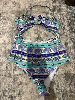 Blue and teal elephant print one piece swimsuit with white and blue geometric patterns, Size M #swimwear #elephant