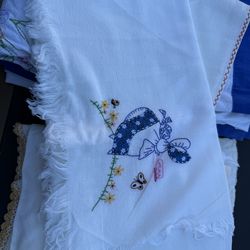 Bin full of vintage linens