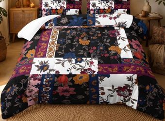 Nttopship Boho Floral Comforter Set Queen Size Checkered Flower Bedding Sets 3PCS for Kids Teen Adult Retro Flowers Room Decor Ultra-Soft Lightweight 