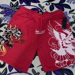 Ed Hardy “Fleece Tattoo” Red Shorts 