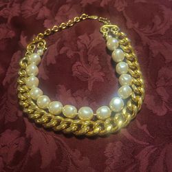 Heavy Large Gold Link And Large Pearl Necklace