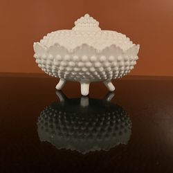Vintage Fenton White Milk Glass Hobnail Footed Oval Covered Candy Dish With Lid