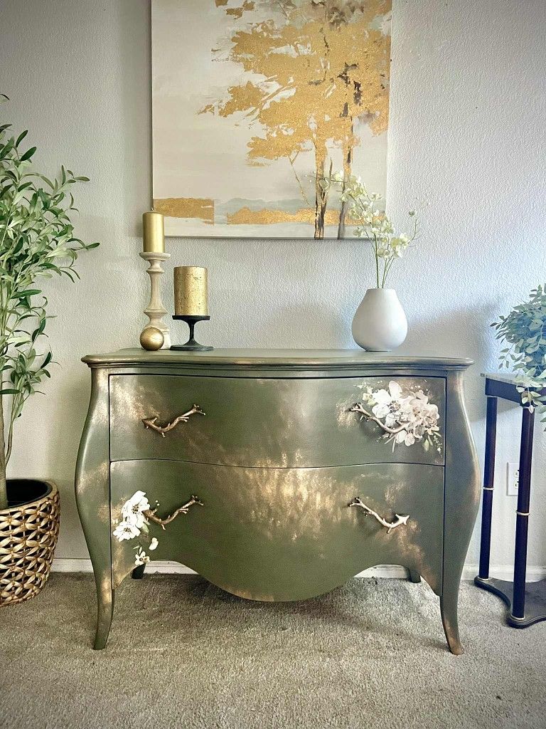 Sage green Bombay dresser / French provincial with gold highlights, and floral transfers