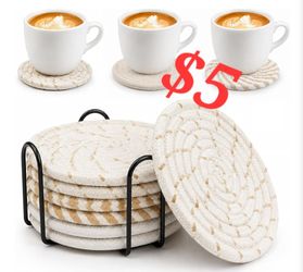 6pcs Cotton Woven Coasters for Drinks, Absorbent Coasters Set with Holder, 210°F Heat Resistant, 4.4 Inch Diameter, Cup Coasters for Tabletops, Coffee