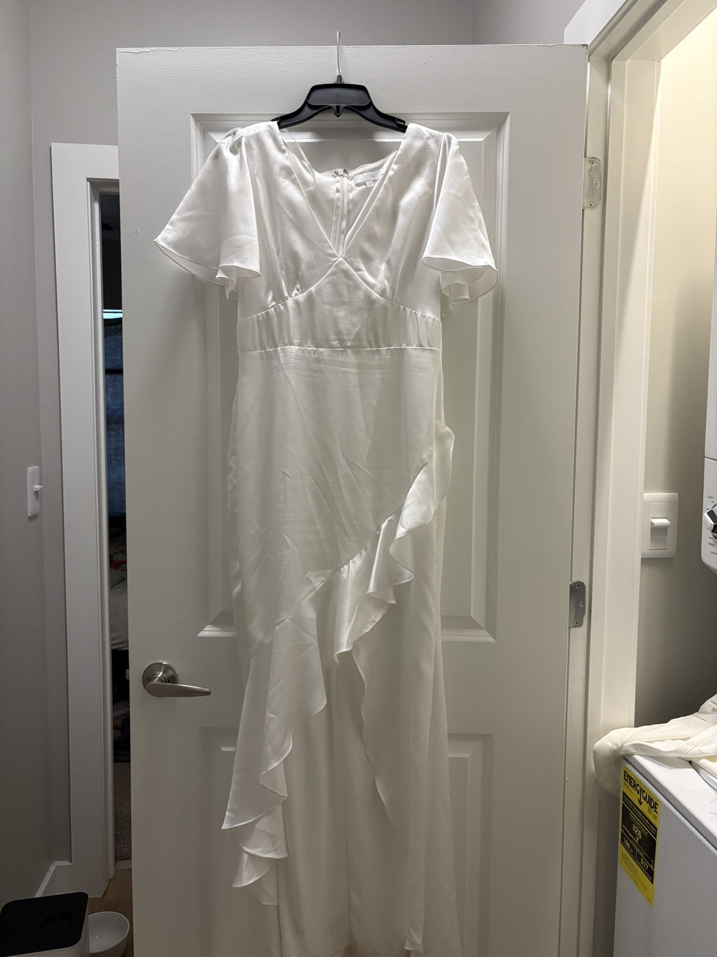 Eternal Bond White Satin Ruffled Flutter Sleeve Maxi Dress