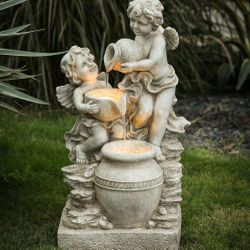LuxenHome 30" Resin Angels Water Fountain Outdoor and Indoor, Waterfall Fountains for Garden, Backyard,F1288