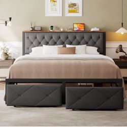 King Size Storage Bed Frame with Tufted Headboard & Power Outlet - Grey