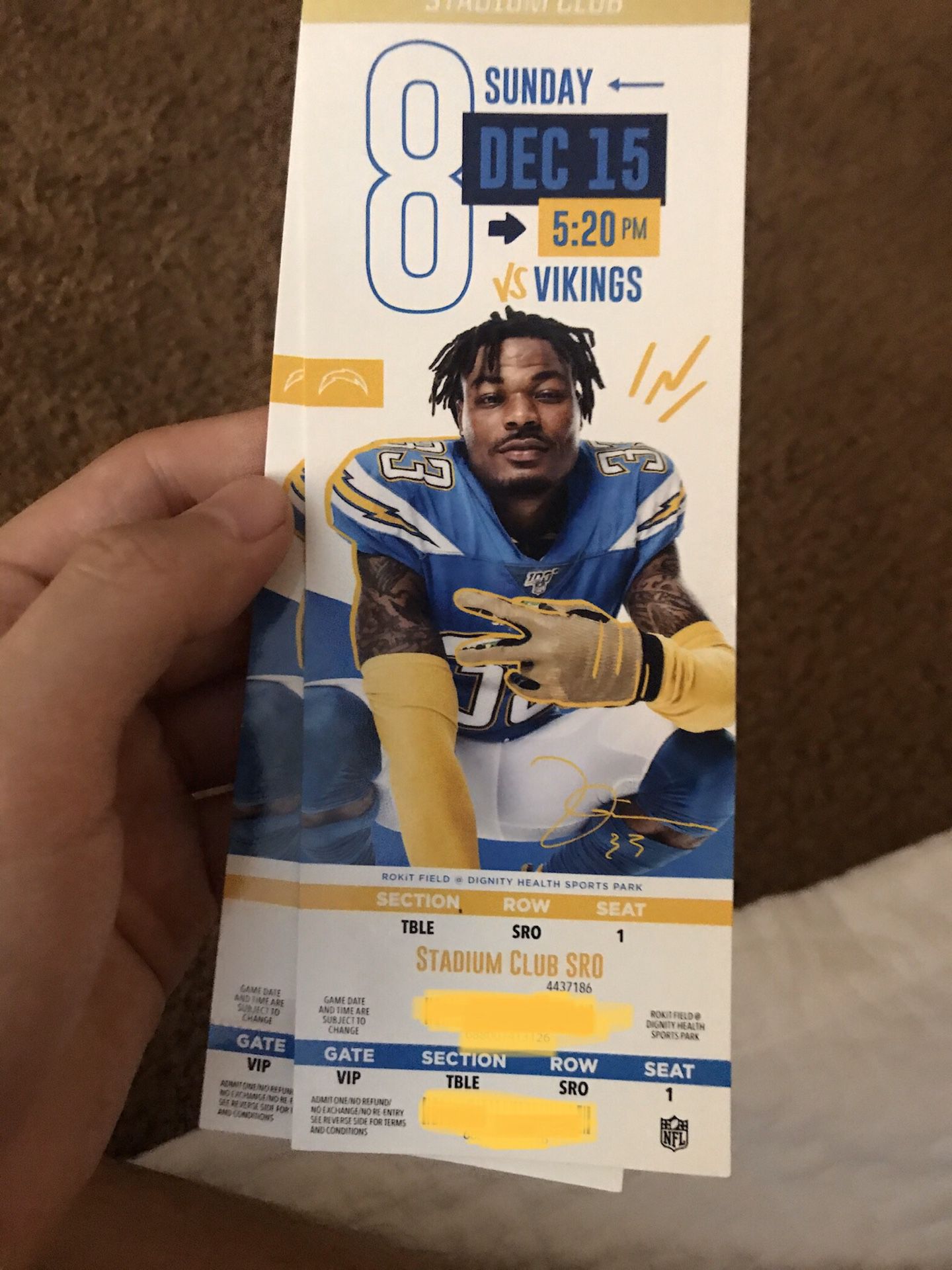 CHARGERS VS VIKINGS TWO SRO TICKETS