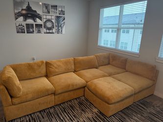 Large Mustard Yellow Corduroy Modular Sectional Sofa + Ottoman