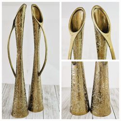 Set of 2 Tall Thin 12.5" Brass Floral Engraved Etched Pitcher Jugs Decor with Handles. Each is Marked India 683

Pre-owned in excellent clean conditio