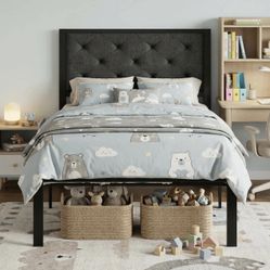 Twin Size Metal Platform Bed Frame,Linen Upholstered Button Tufted Headboard
