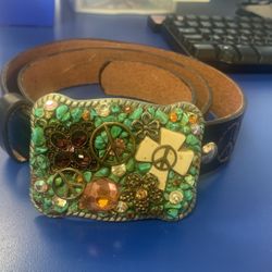 Peace Sign Leather Belt With Stones