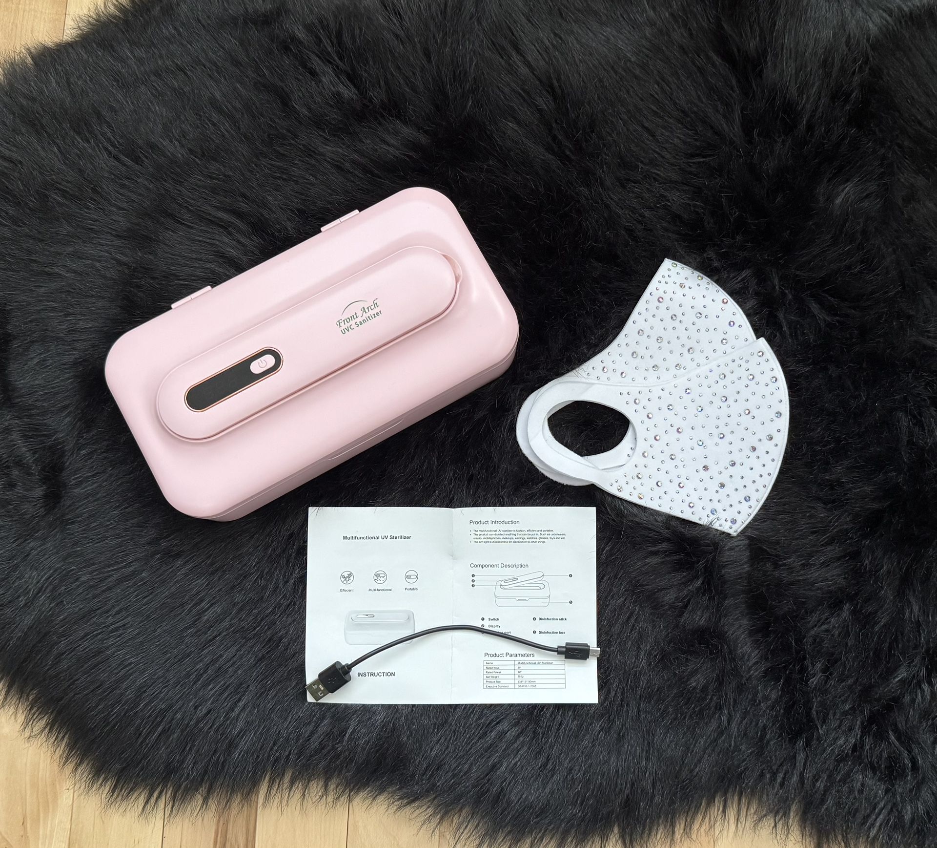 UV Sanitizer Box & Wand + 2 New Bedazzled Face Masks
