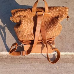Neiman Marcus Brown Woven Leather Convertible Backpack Tote Crossbody Tote 