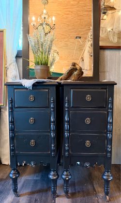 Gorgeous Antique Black Ornate Matching Nightstands