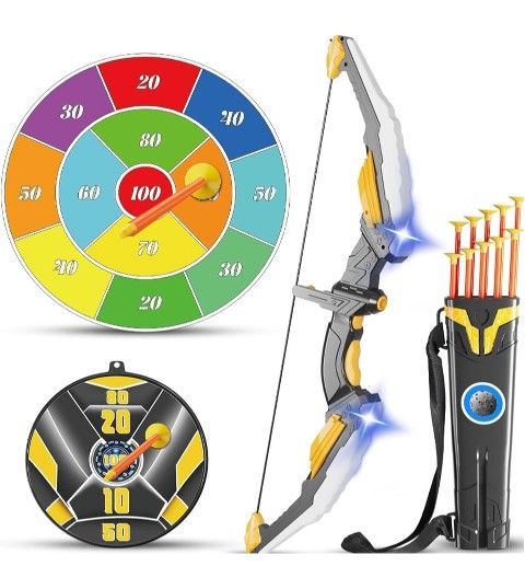 Kids Bow and Arrow Set LED Light Up Archery Set with 10 Suction Cup Arrows, 2 Archery Targets Indoor Outdoor Games for Kids Ages 4-8 8-12 Birthday Gif