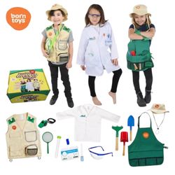 Born Toys Dress Up Trunk Set w/ Gardener Scientist & Explorer Costumes for Kids