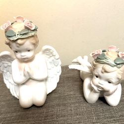 Vintage Set of 2 Porcelain  Angel Figurines w/ Floral Head Wreaths  