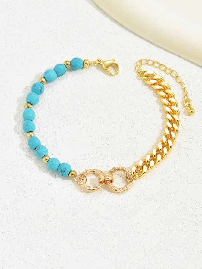 Double ring turquoise multi-chain mixed bead bracelet