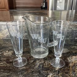 WSU Pitcher With Two Pilsner Glasses