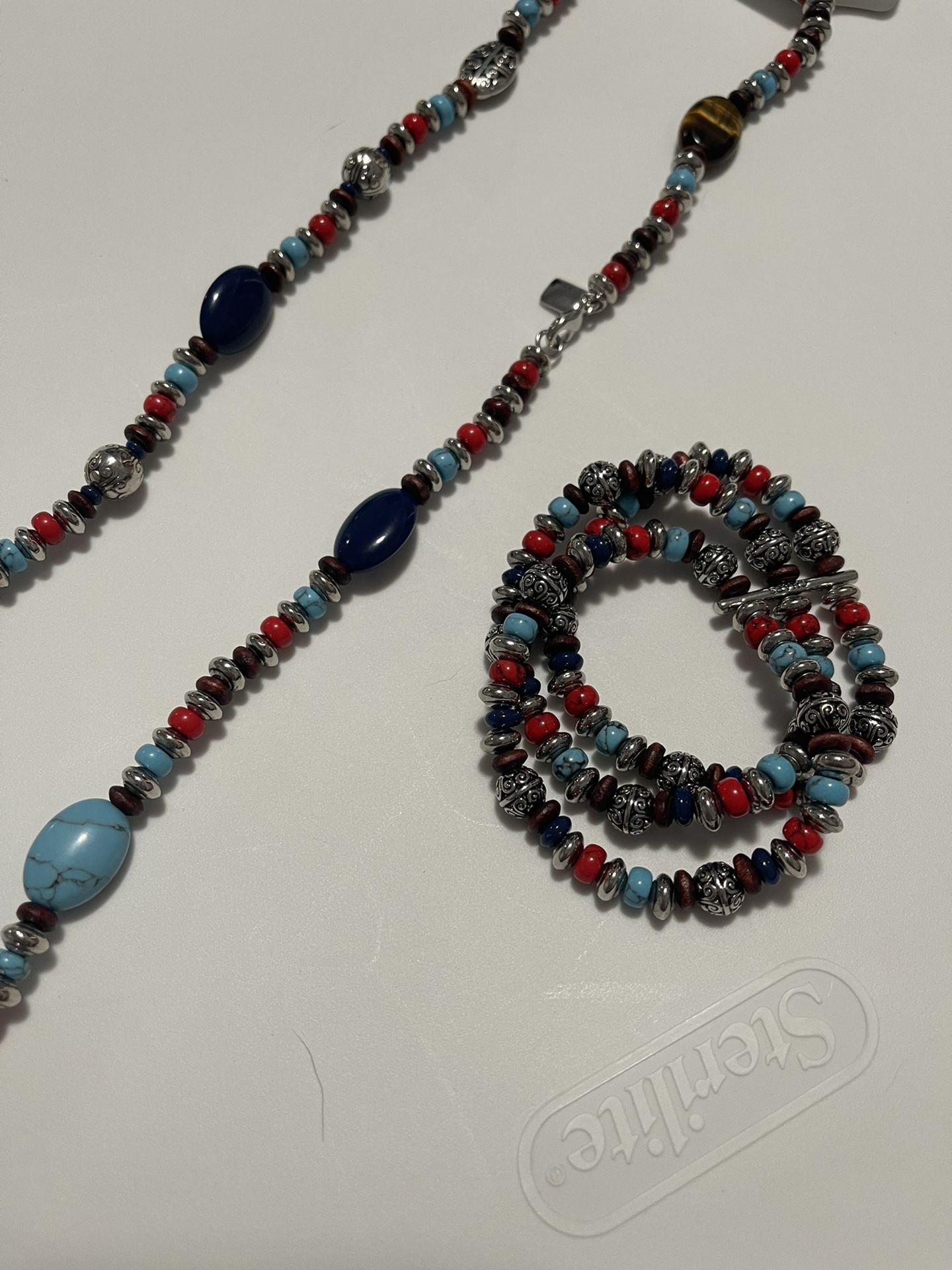 Chaps Rust Turquoise Silver 36” Necklace And Bracelet